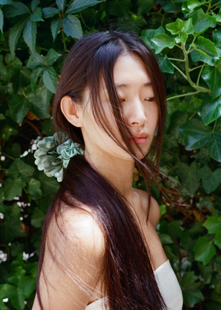 Sage Dahlia Satin Flower Scrunchie – Merrma, handmade in Paris