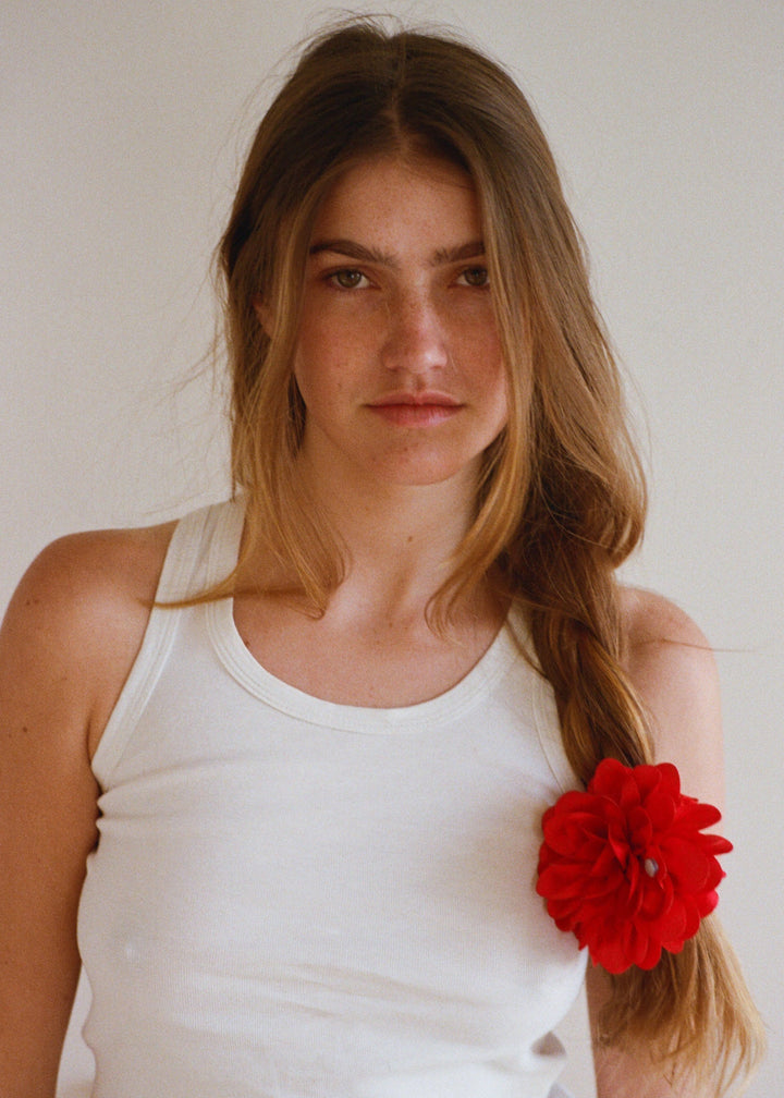 Scarlet Dahlia Satin Flower Scrunchie – Merrma, handmade in Paris