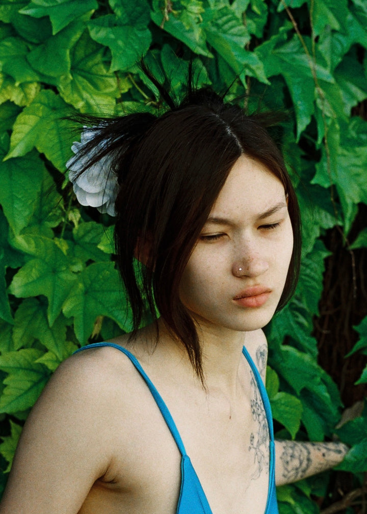 White Dahlia Satin Flower Scrunchie – Merrma, handmade in Paris